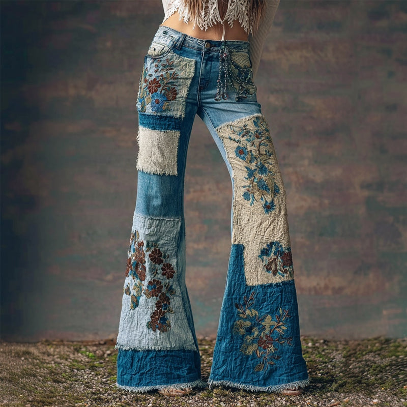 Comstylish Boho Floral Embroidered Patchwork Washed Bootcut Jeans