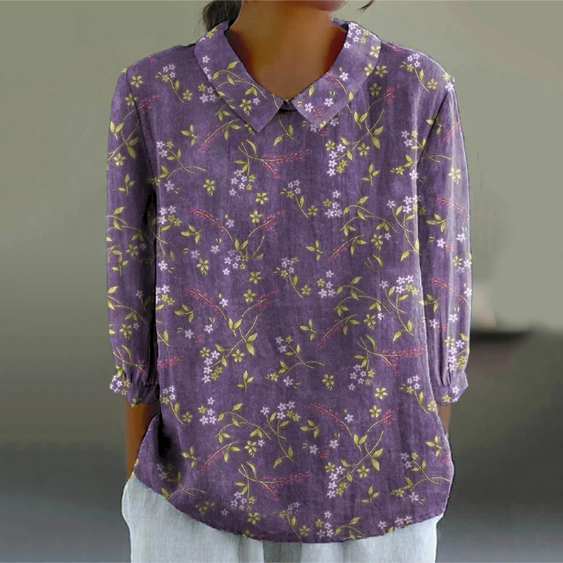 Women's Vintage  Tranquil Spring Lovely Floral Art Print Design Lapel Shirt artswardrobe