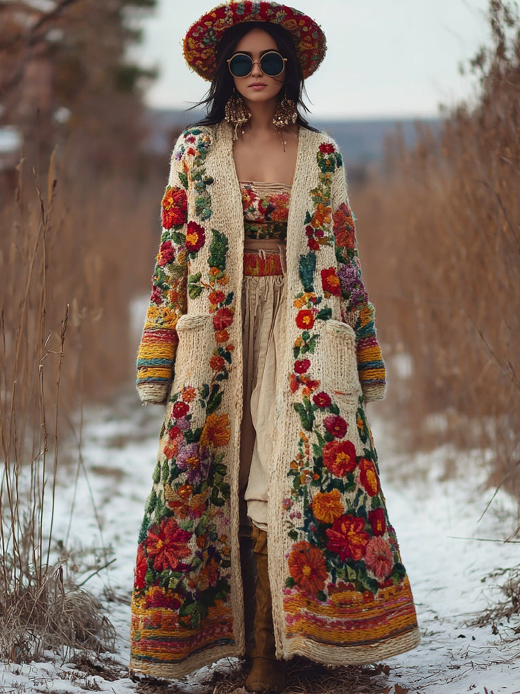 Comstylish Vintage Mexican Flowers Embroidered Long Sweater Cardigan