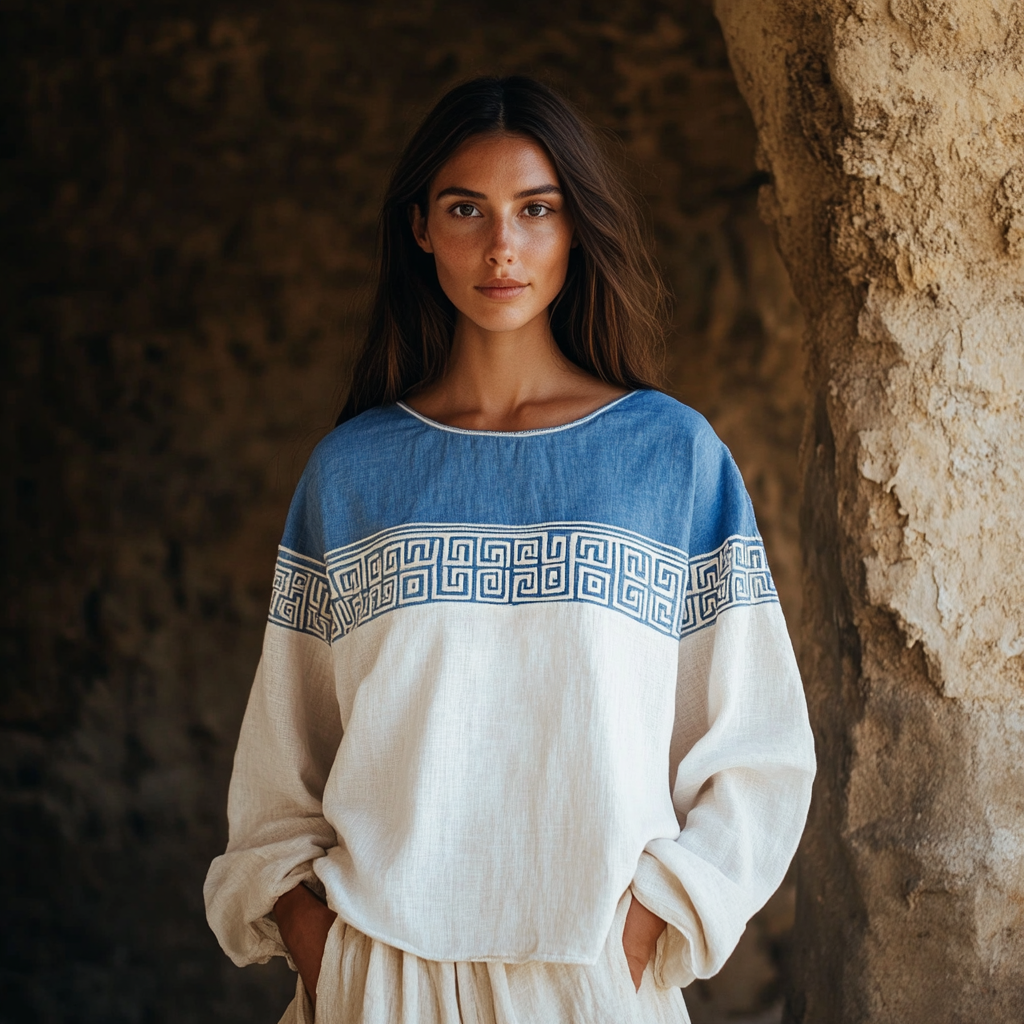 Vintage Greek Key Art Embroidered Linen Blend T-shirt artswardrobe