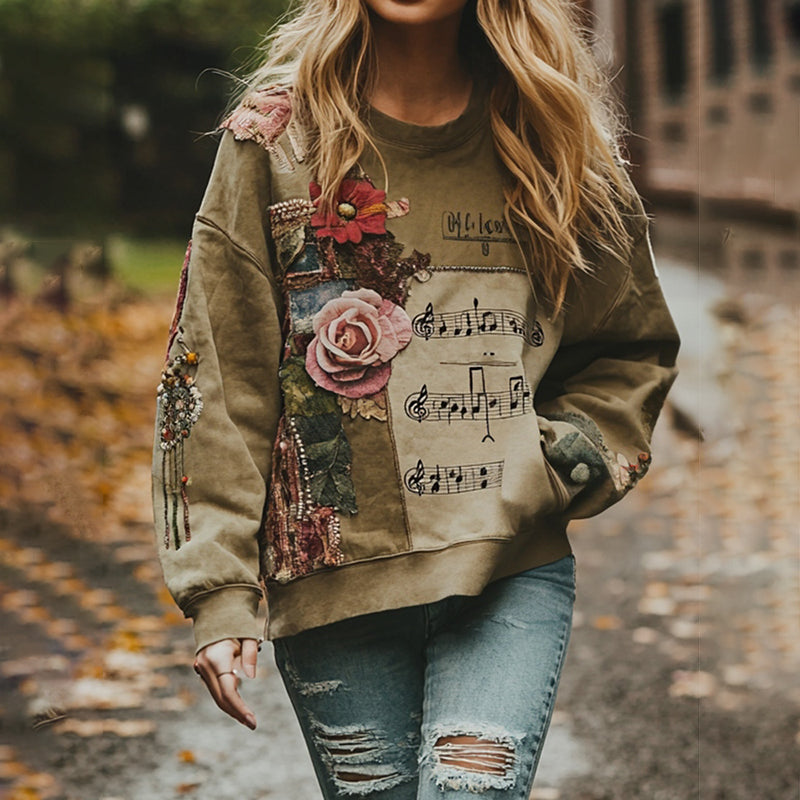 Comstylish Farm Autumn Patchwork Floral Musical Notes Color-contrast Sweatshirt