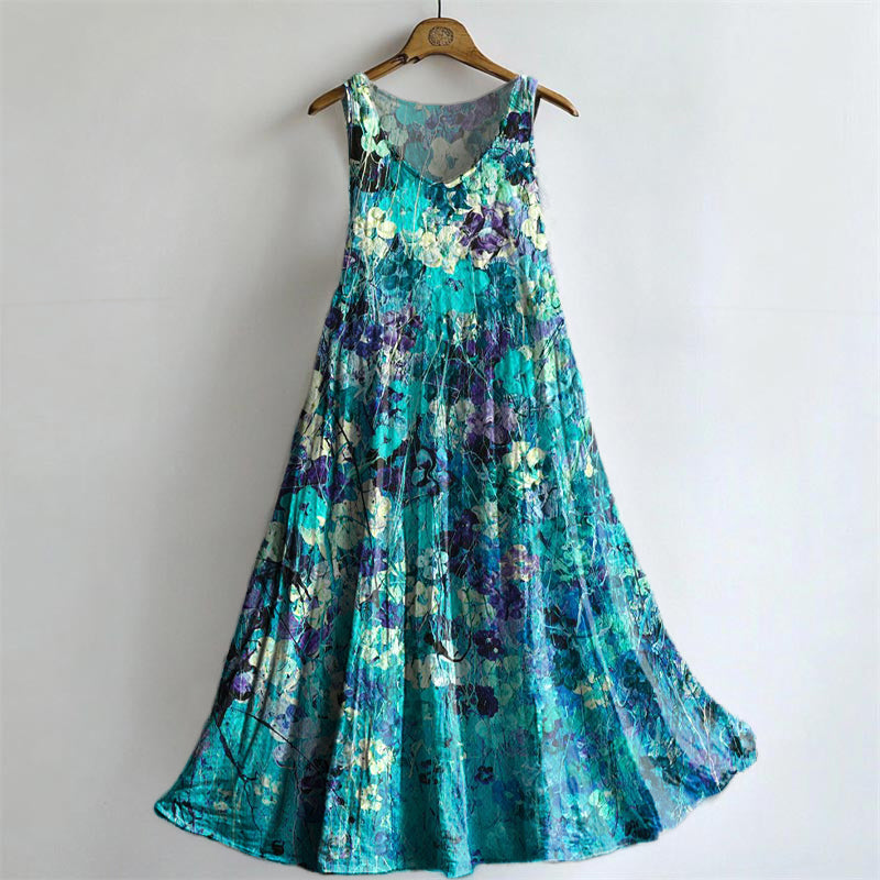 Women's Bohemian Floral Art Print Crew Neck Sleeveless Cotton Pocket D