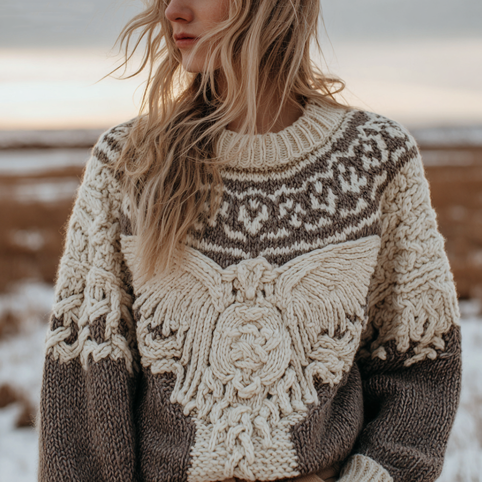 Fair Isle Style Ladies Round Neck Aran Sweater artswardrobe