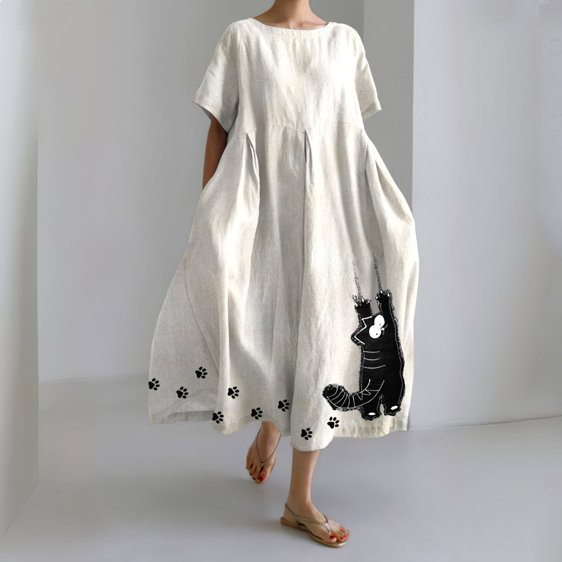 Stretching Cat & Paw Prints Embroidered Linen Blend Maxi Dress elevenforest