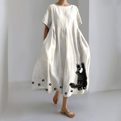 Stretching Cat & Paw Prints Embroidered Linen Blend Maxi Dress elevenforest