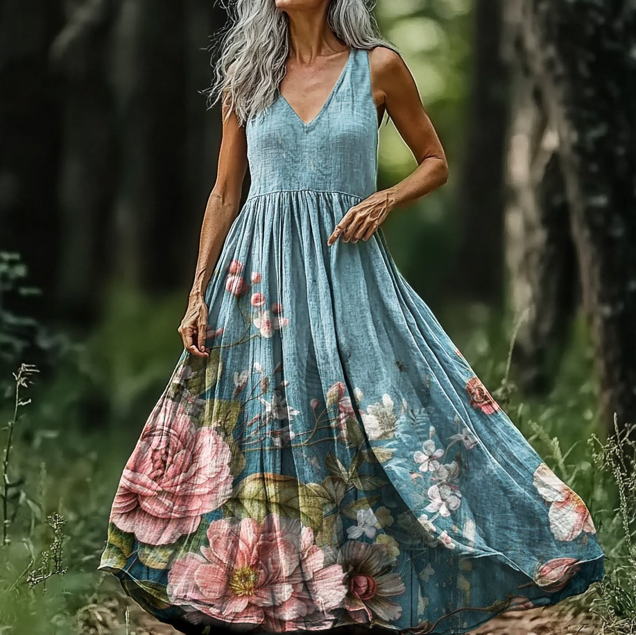 Women's Ethnic Floral Art Pattern Print V-neck Sleeveless Cotton Dress