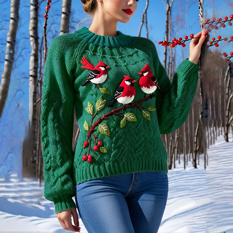 Christmas Holly And Robin Print Knitted Sweater artswardrobe