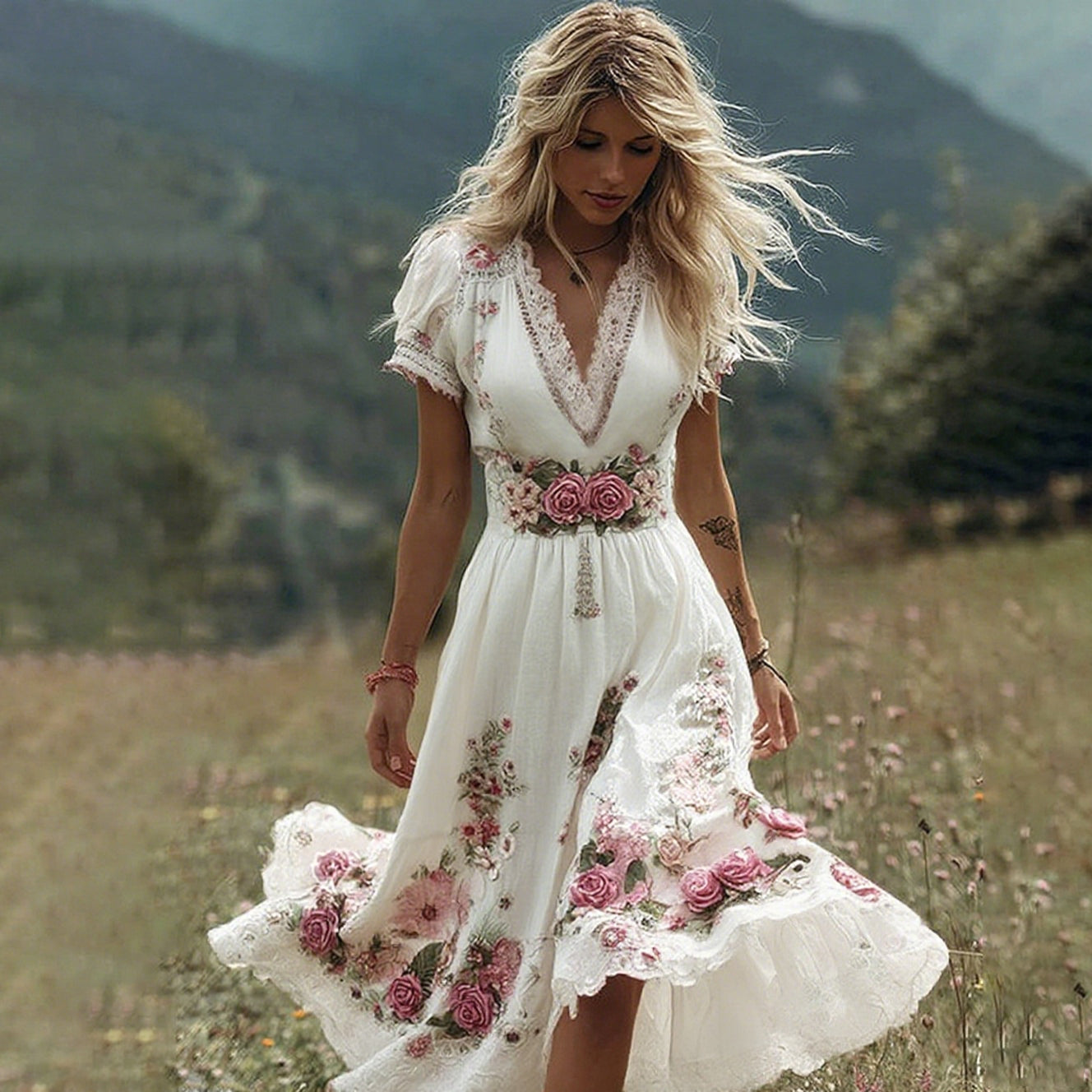 Women's Vintage Rose Embroidery Art Comfy Linen Maxi Dress artswardrobe