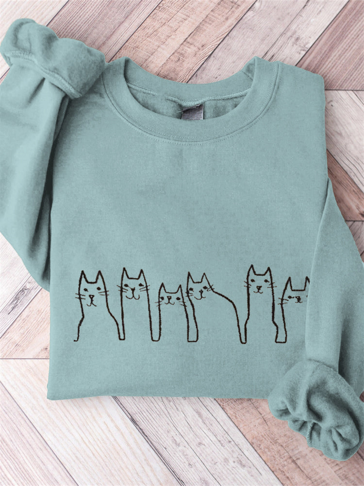 Cat Embroidery Art Cozy Long Sleeve Sweatshirt elevenforest