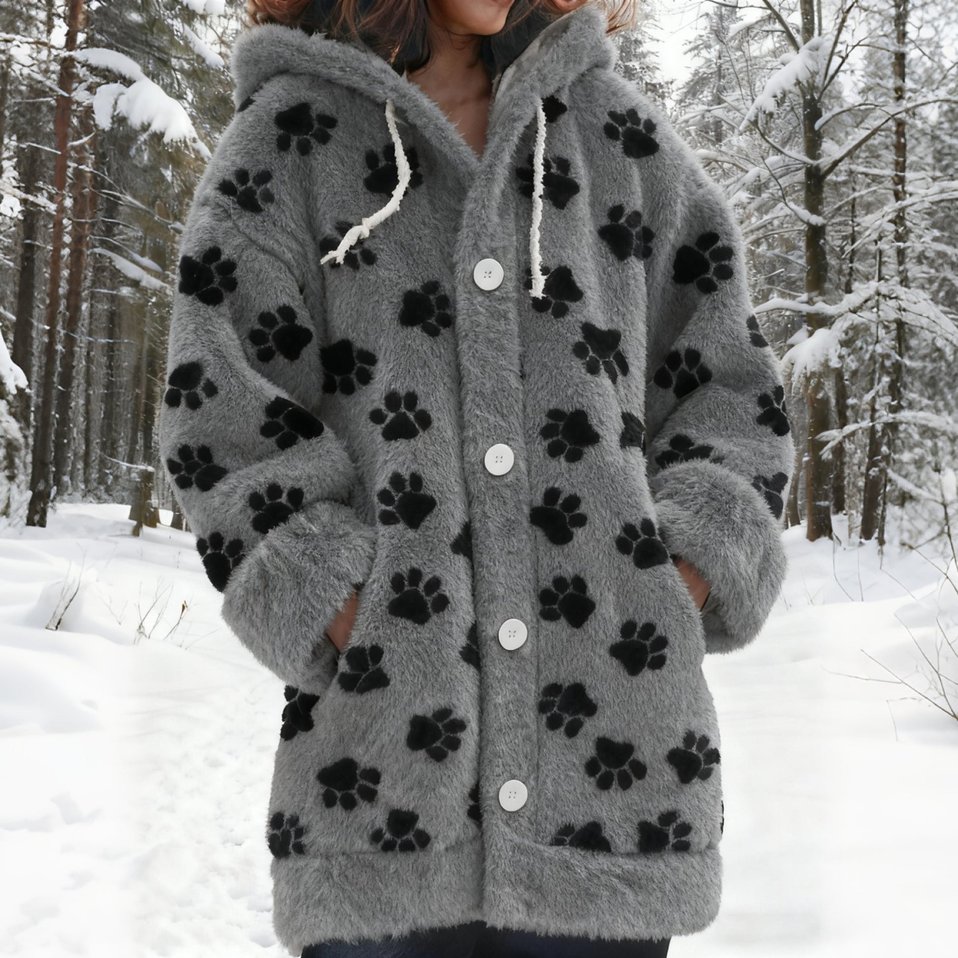 Comstylish Vintage Puppy Paw Art Cozy Knit Hooded Cardigan