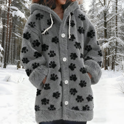 Comstylish Vintage Puppy Paw Art Cozy Knit Hooded Cardigan