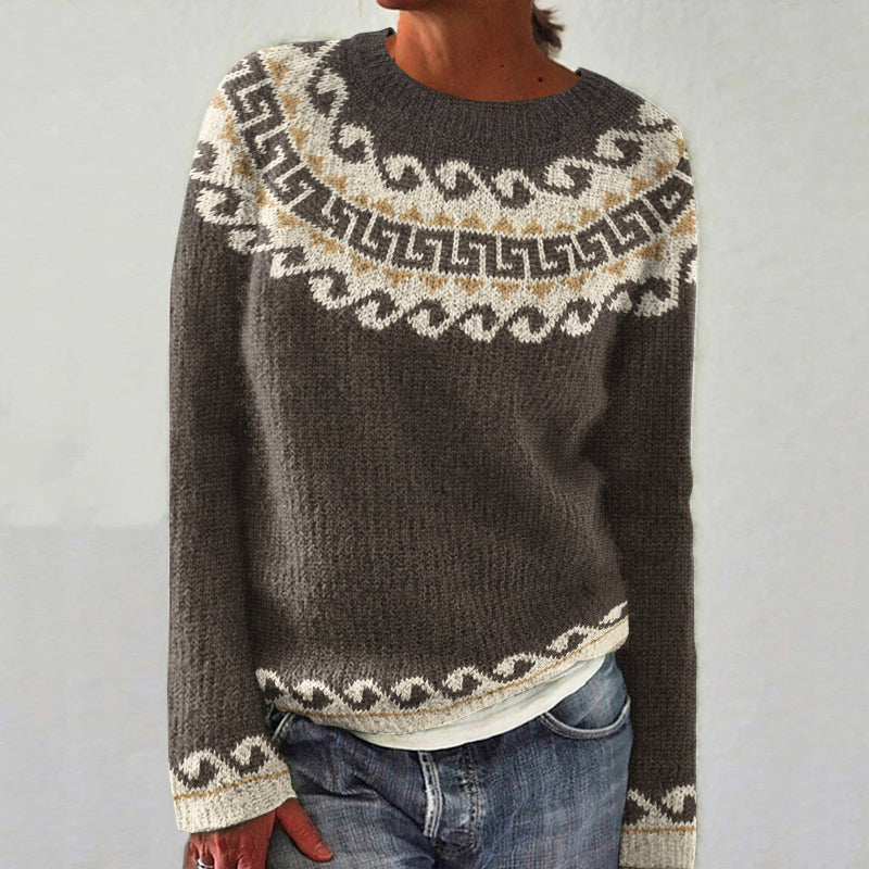 Greek Key Pattern Wave Jacquard Cozy Knit Pullover Crew Neck Sweater artswardrobe