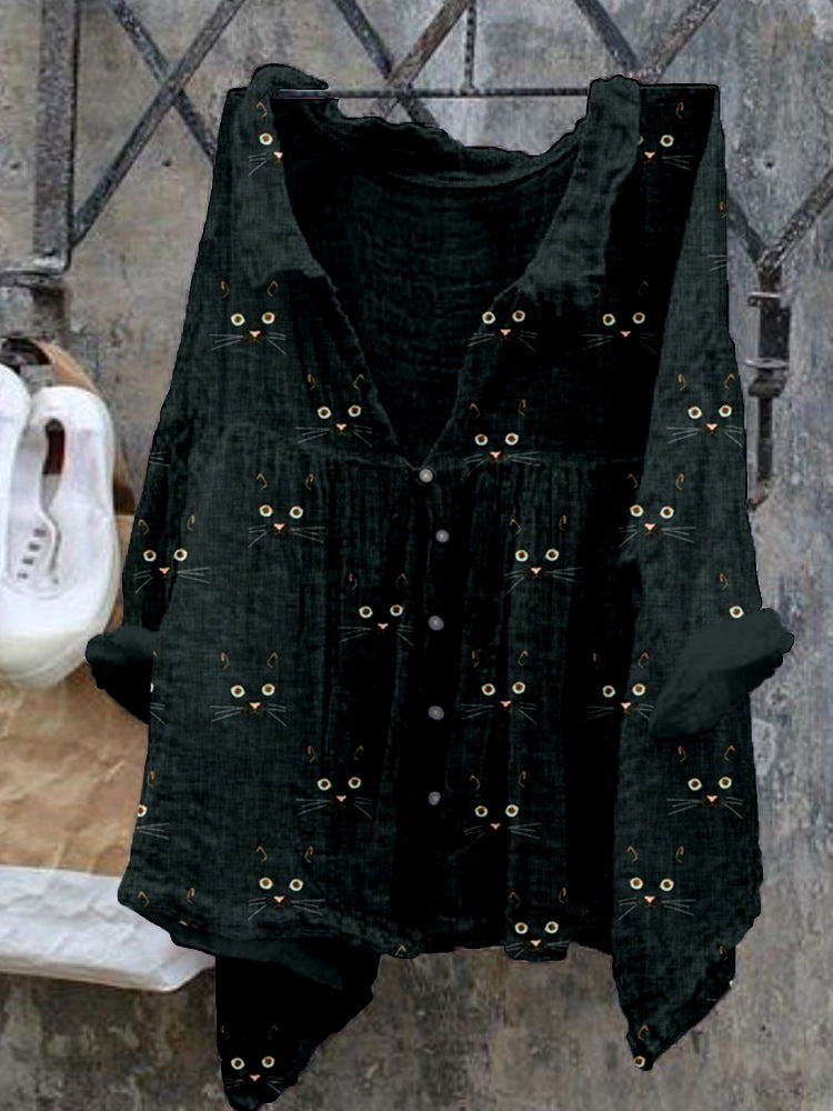 Cute Cat Face Pattern Cozy Flowy Shirt elevenforest