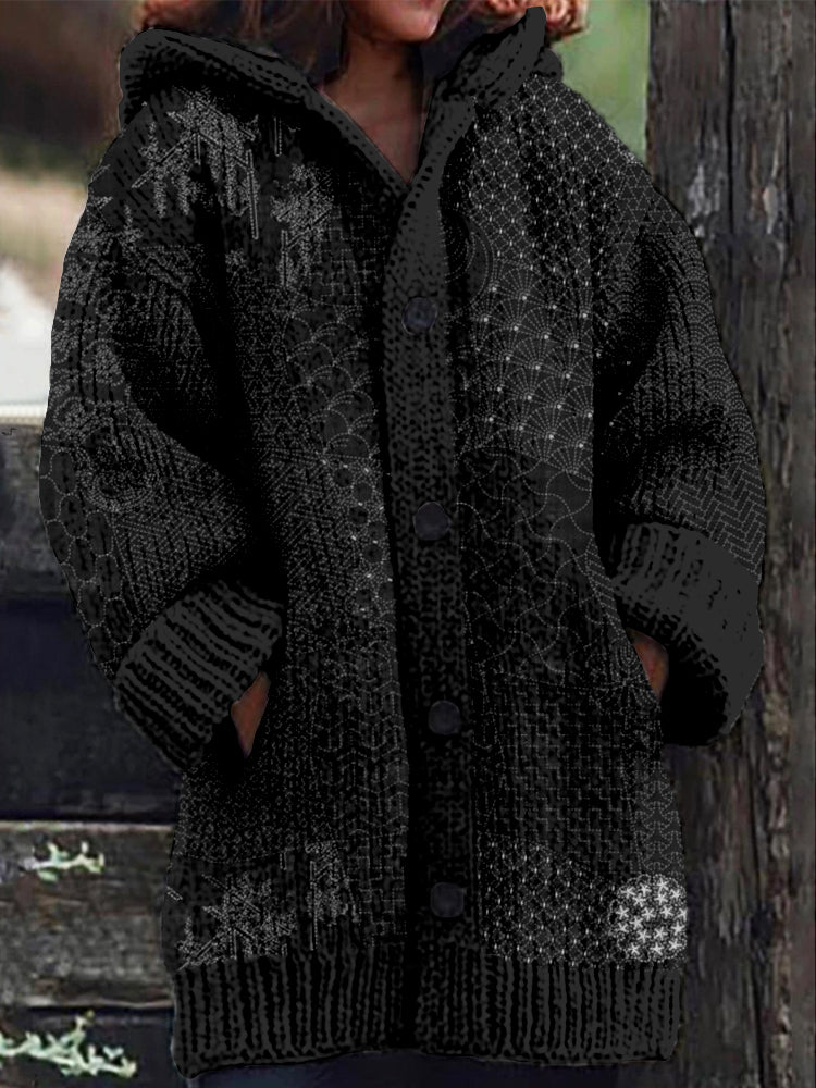 Comstylish Japanese Traditional Sashiko Art Cozy Hooded Cardigan