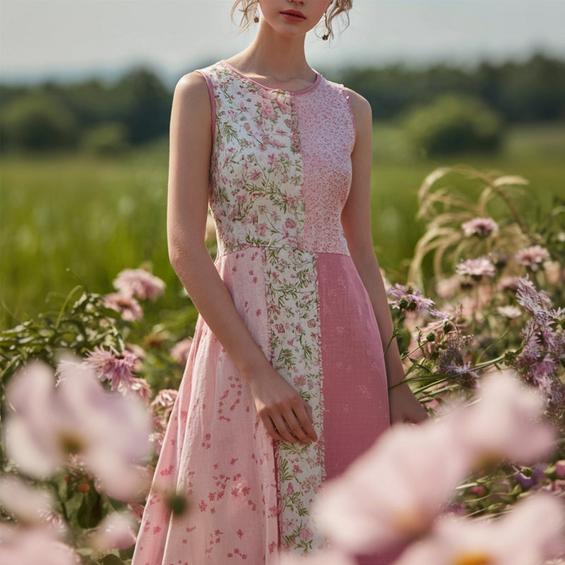 Vintage Cottagecore Pink Floral Patchwork Linen Maxi Dress artswardrobe