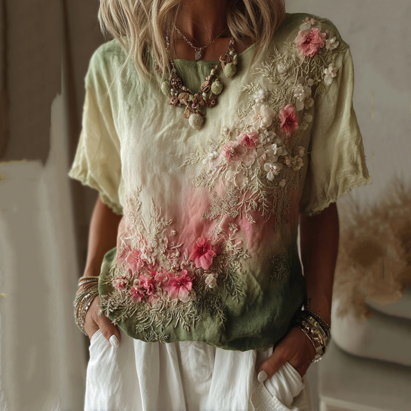 Comstylish Vintage Floral Gradient Pattern Linen Comfy T-shirt