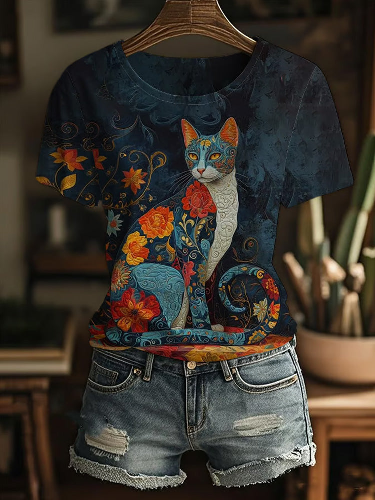Women's Casual Art Cat Print T-shirt elevenforest