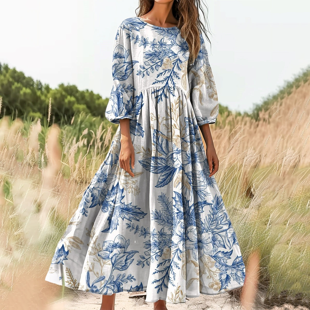 Women's Floral Art Print Cotton Crew Neck Dress