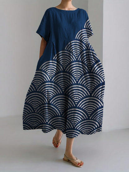 Comstylish Sea Waves Japanese Lino Contrast Linen Blend Maxi Dress