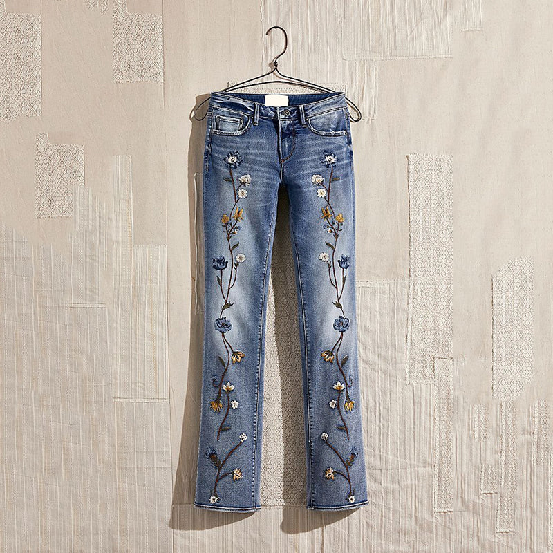 Comstylish Vintage Floral Embroidery Art Design Jeans