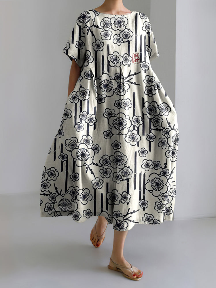 Japanese Art Cherry Blossom Print Short Sleeve Loose Midi Dress