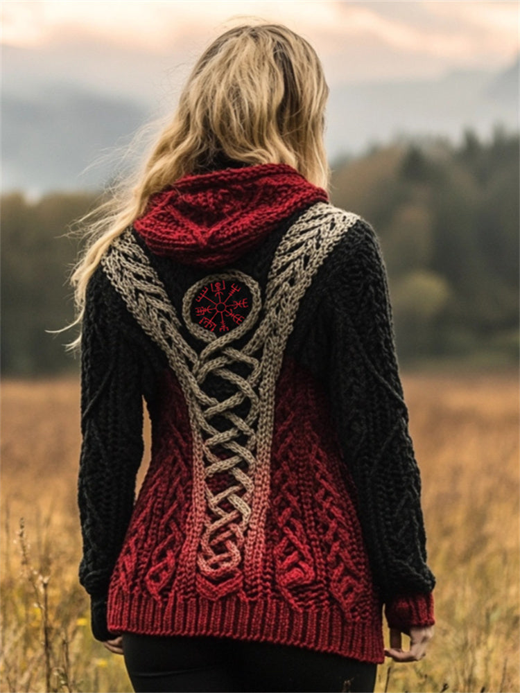 Viking Vegvisir Embroidered Celtic Gradient Hooded Cardigan artswardrobe