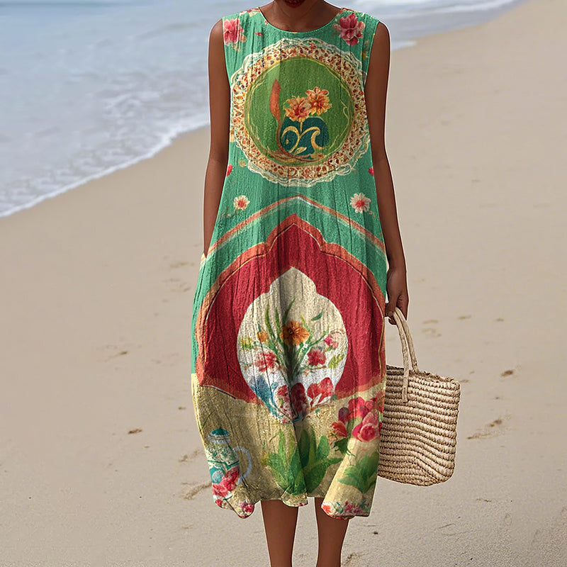 Vintage Loose Persian Art Sleeveless Cotton And Linen Tank Dress artswardrobe