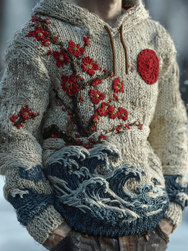 Vintage Japanese Plum & Red Sun Men's Knit Hooded Sweater artswardrobe