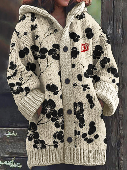 Comstylish Cherry Blossom Japanese Lino Pattern Cozy Hooded Cardigan