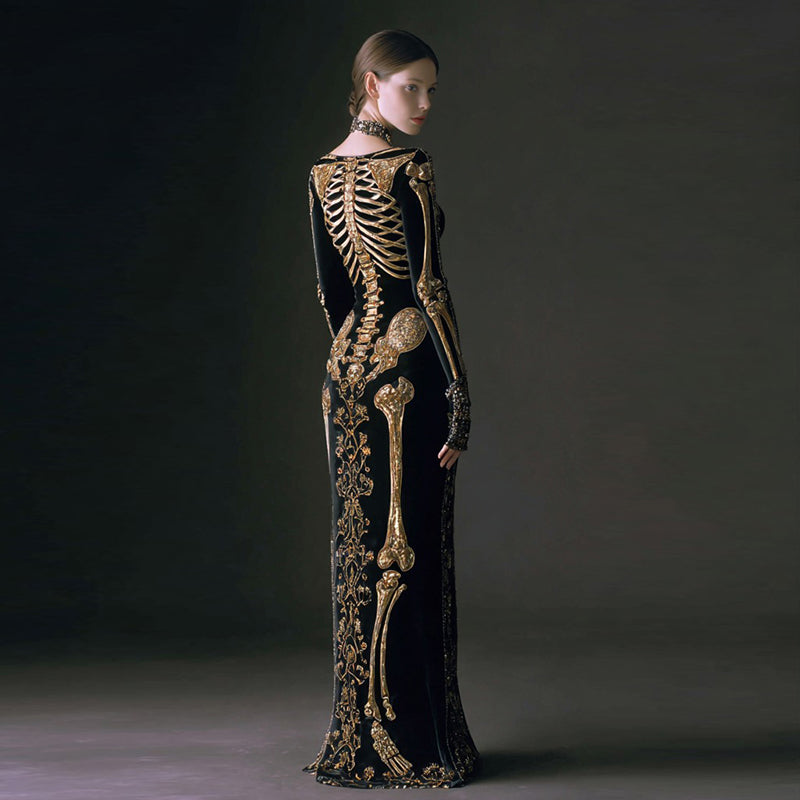 Comstylish Women's Halloween Dark Brother Skull Velvet Round Neck Maxi Dress