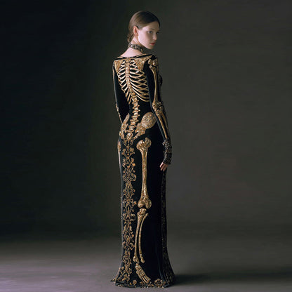 Comstylish Women's Halloween Dark Brother Skull Velvet Round Neck Maxi Dress