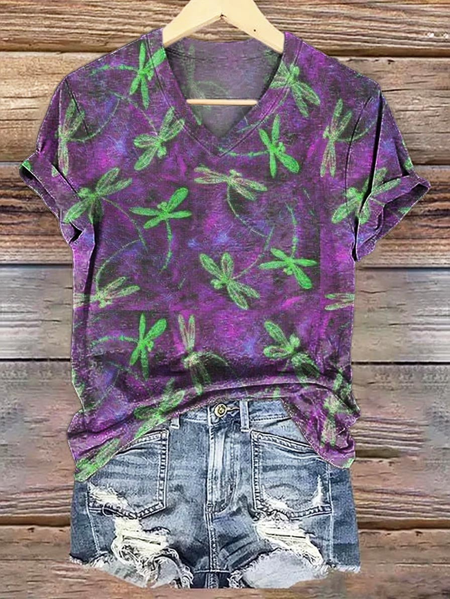 Women's Dragonfly Print V-Neck Comfort Cotton T-Shirt