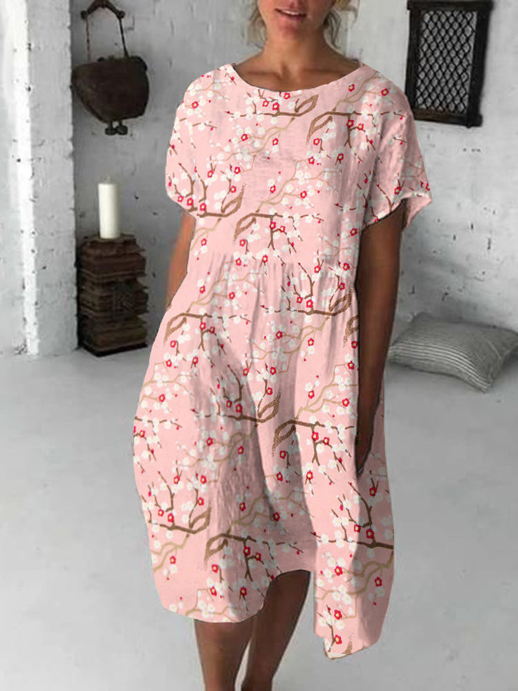 Japanese Art Sakura Print Short Sleeve Loose Midi Dress