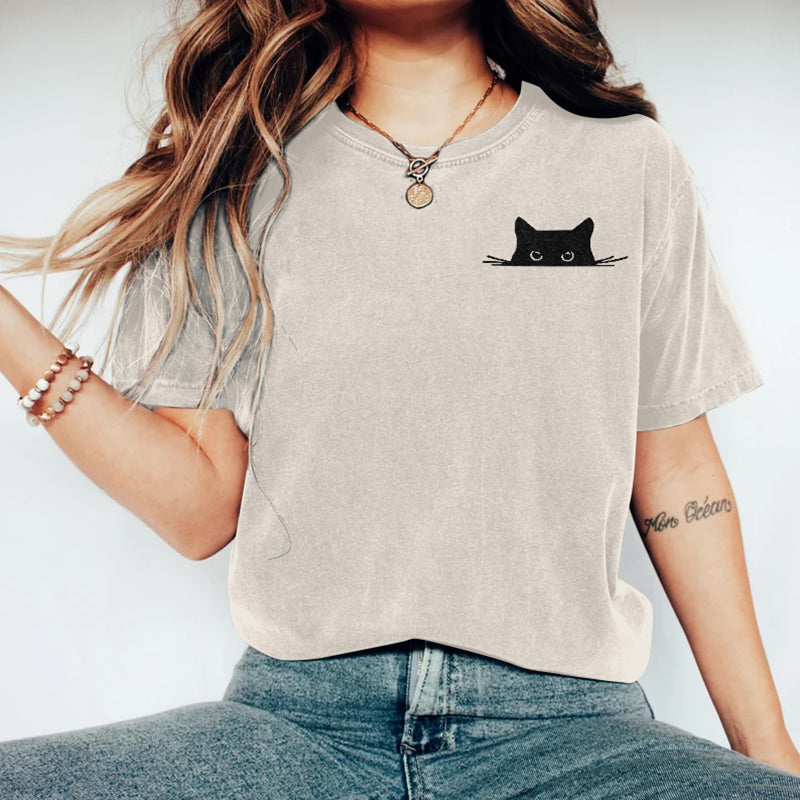 Comstylish Abstract Creative Embroidered Black Cat Art Print T-shirt