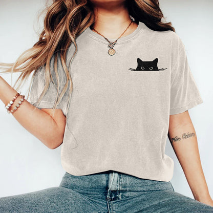 Abstract Creative Embroidered Black Cat Art Print  T-shirt elevenforest