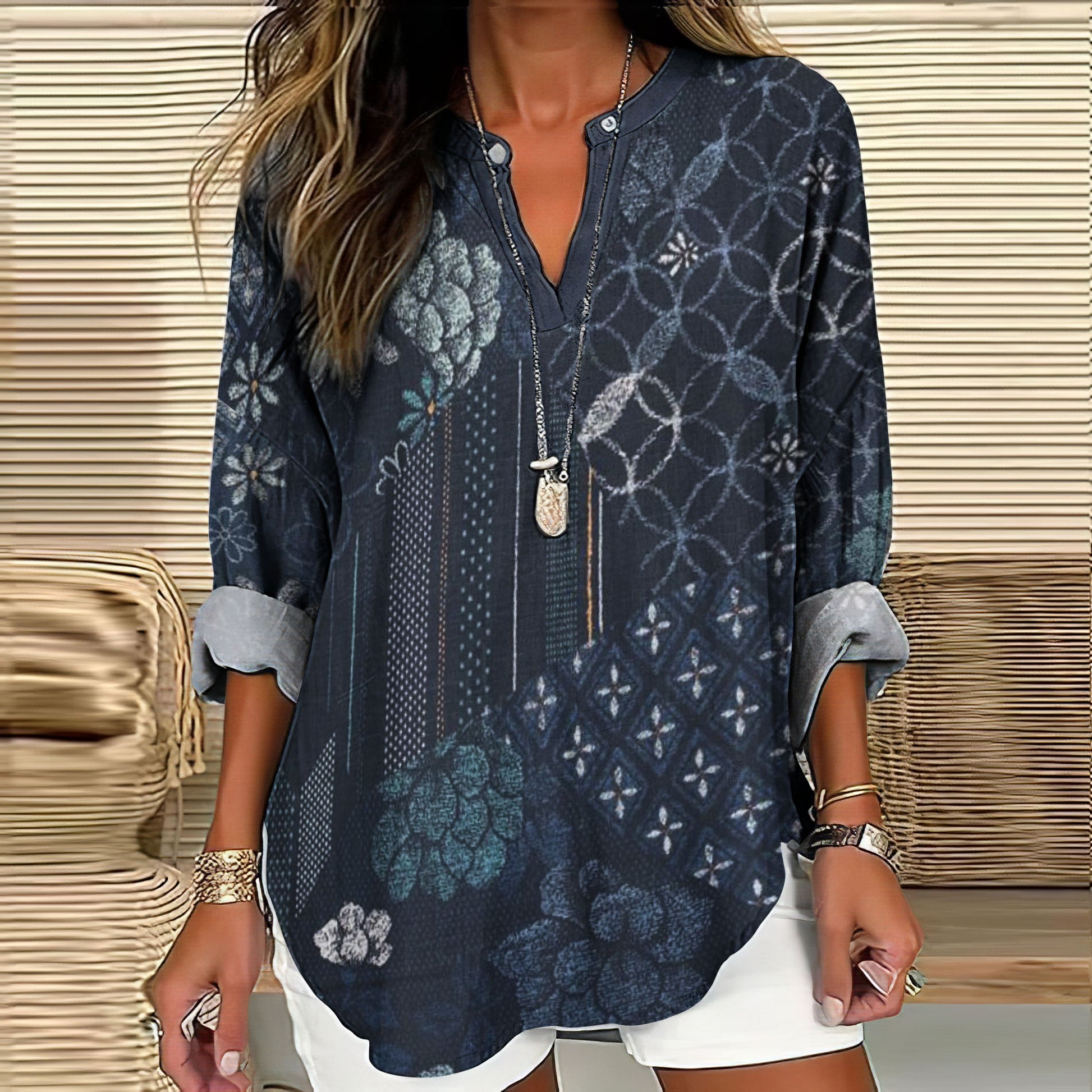 Comstylish Vintage Japanese Indigo Blooming Traditional Sashiko Pattern Women's Linen V-Neck Shirt