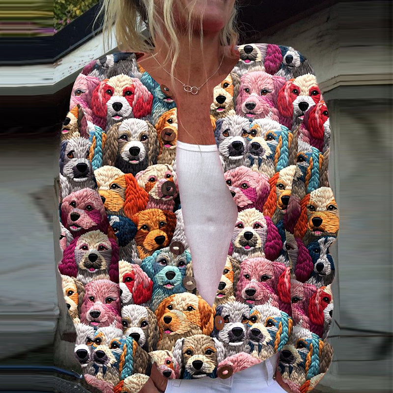 Comstylish Cute Dog Print Long Sleeve Casual Knitted Cardigan