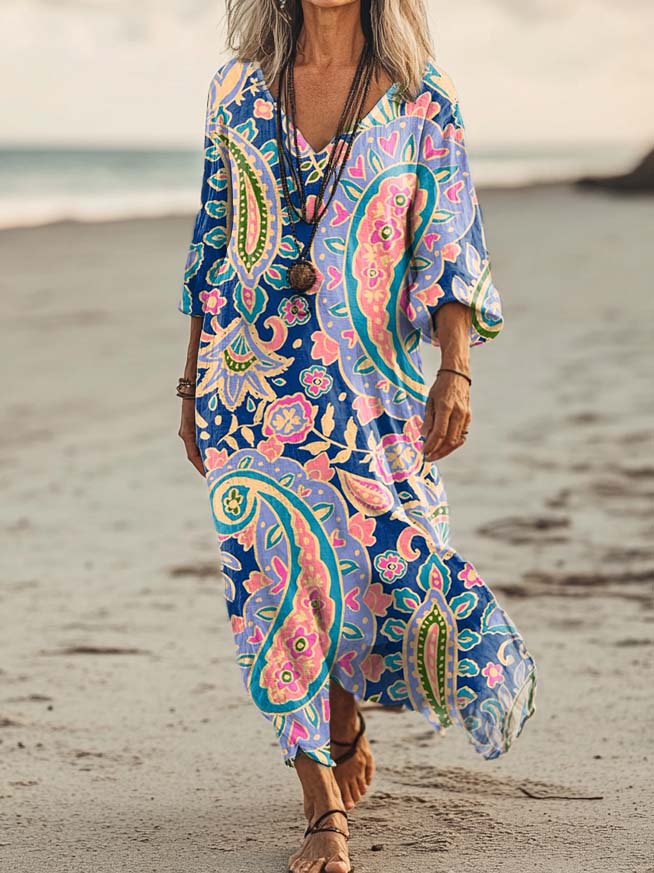 Women's Floral Print Art Print Pocket Cotton Dress