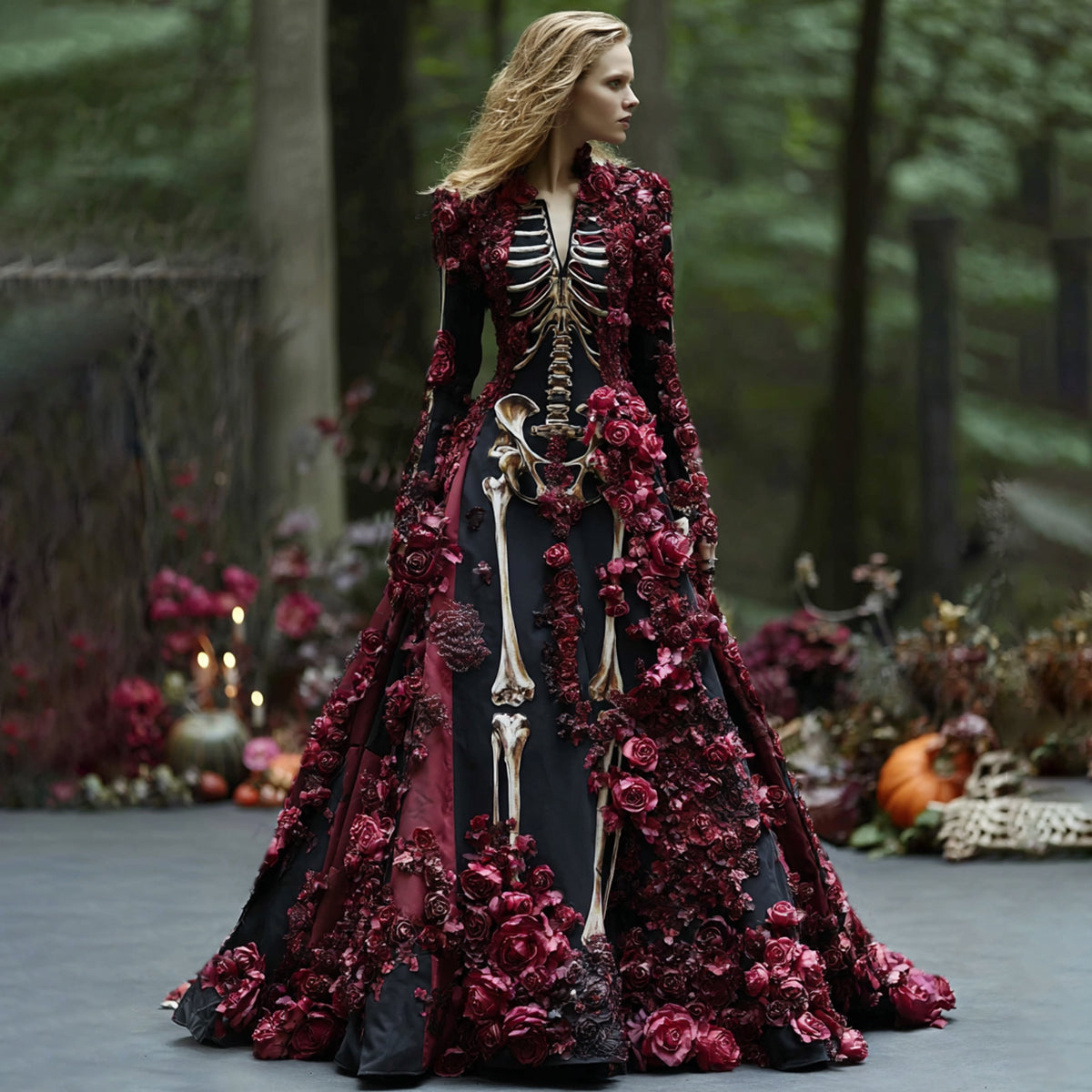 Comstylish Women's Elegant Retro Skull Flower Pattern V-neck Long Sleeve Maxi Dress