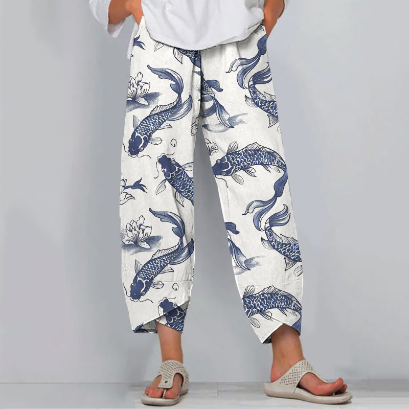 Comstylish Vintage Japanese Traditional Fish Art Cropped Casual Pants