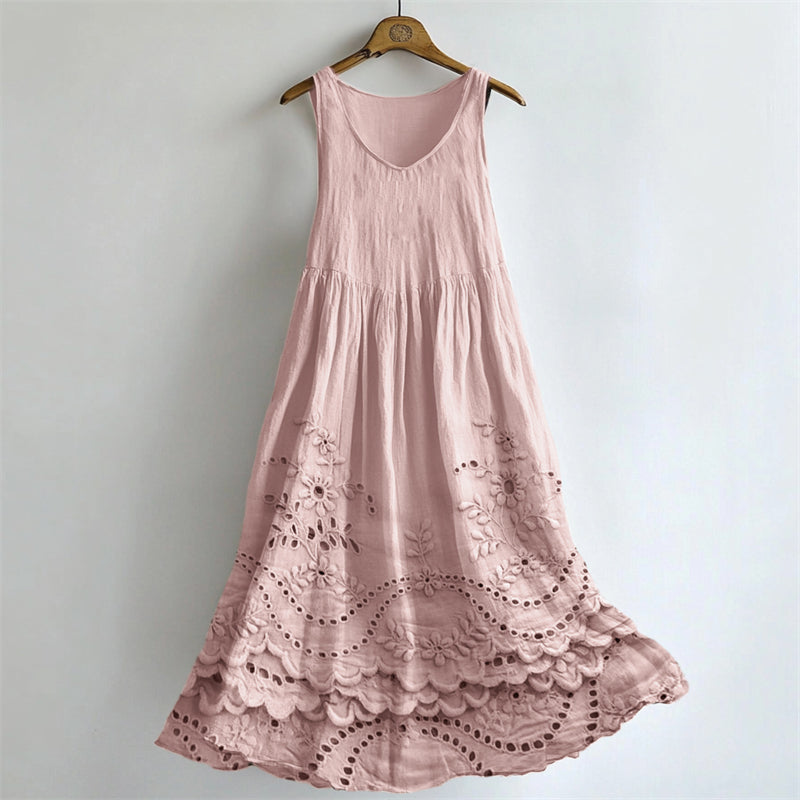 Cottage Floral Lace Embroidered Flowy Linen Tank Dress artswardrobe