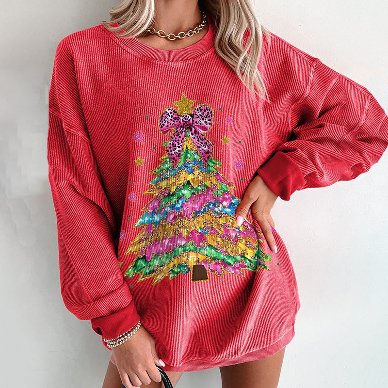 Comstylish Christmas Colorful Coquette Glitter Christmas Tree Print Sweatshirt