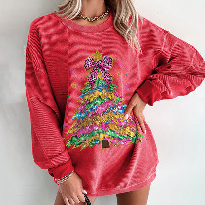 Comstylish Christmas Colorful Coquette Glitter Christmas Tree Print Sweatshirt