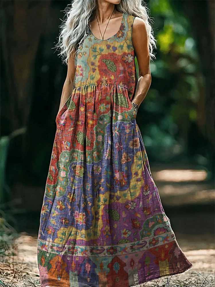 Womens Boho Floral Wave Collage Art Print Sleeveless Pocket Cotton Max