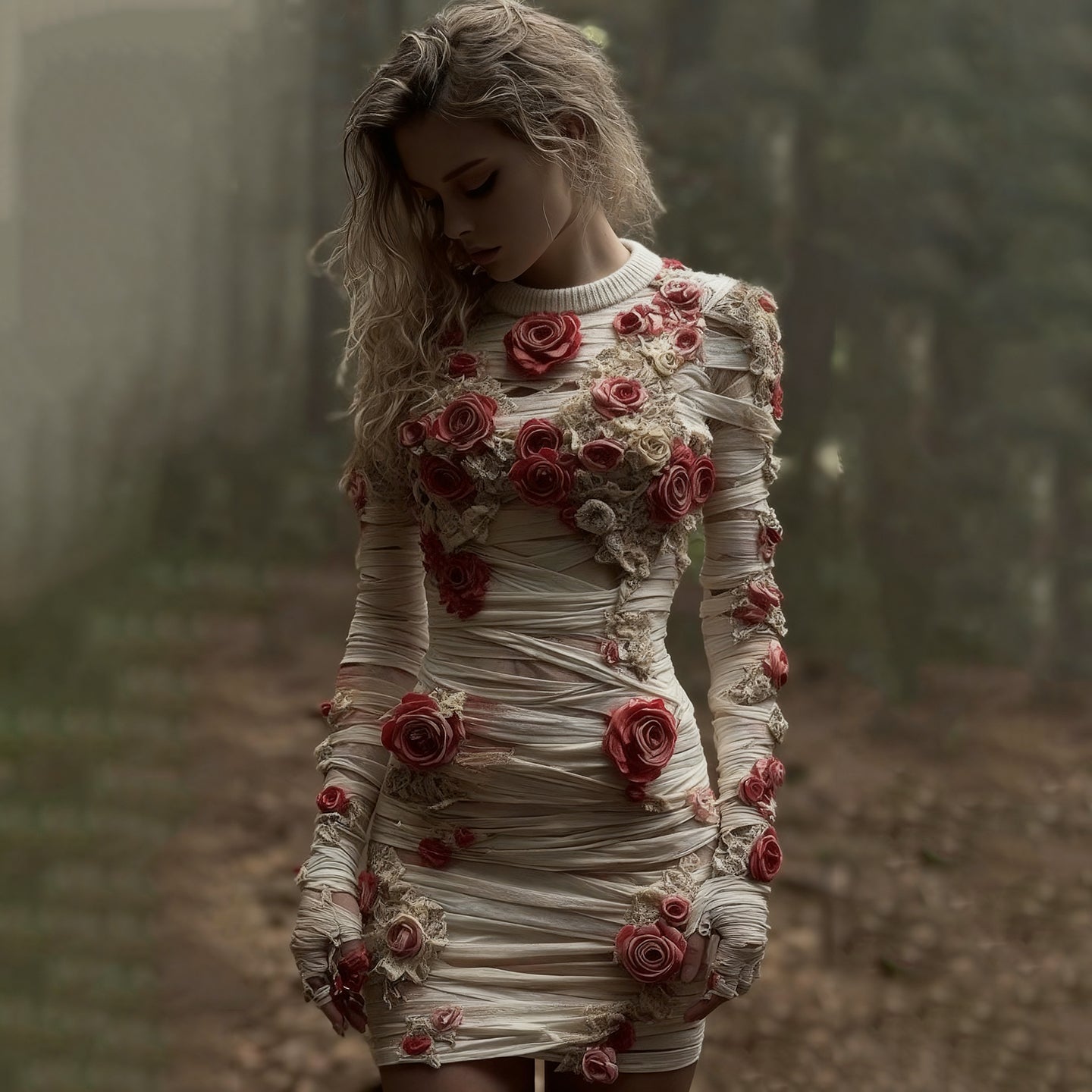 Women's Vintage Mummy Bandage Flower Art Cozy Knit Mini Sweater Dress artswardrobe