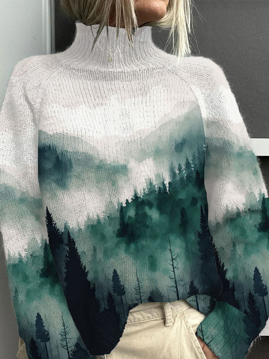 Comstylish Women's Casual Ink Landscape Painting Print Sweater