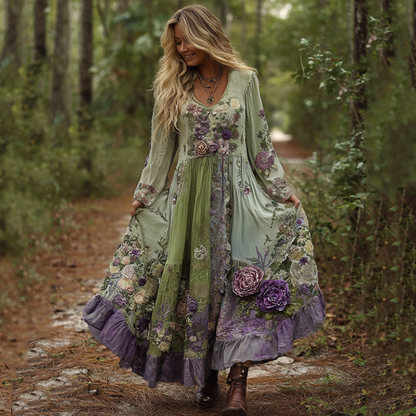 Vintage Classy Gradient Purple Lavender And Floral Embroidered Maxi Dress artswardrobe