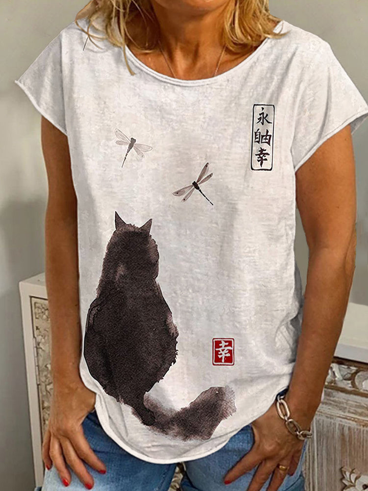 Comstylish Cat Ink Painting Art Print Casual Short Sleeve T-Shirt