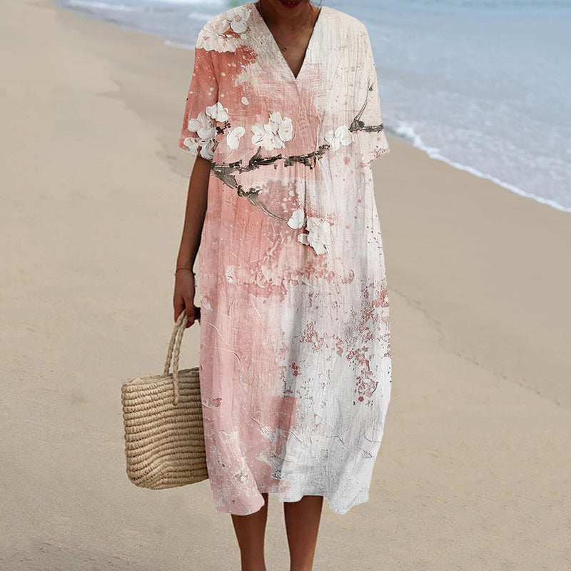 Comstylish Pink Japanese Cherry Blossom Art Linen Midi Dress