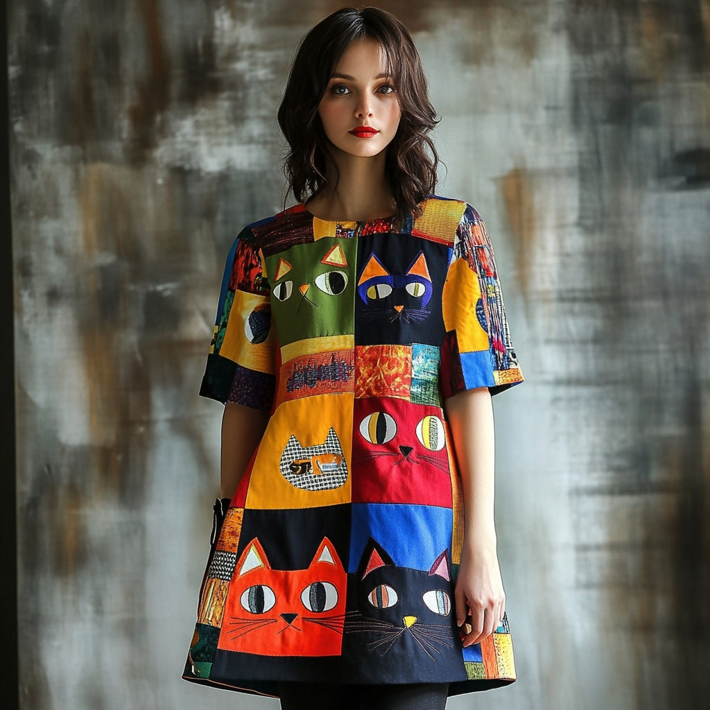 Pop Art Cat Patchwork Pattern Design Dress elevenforest
